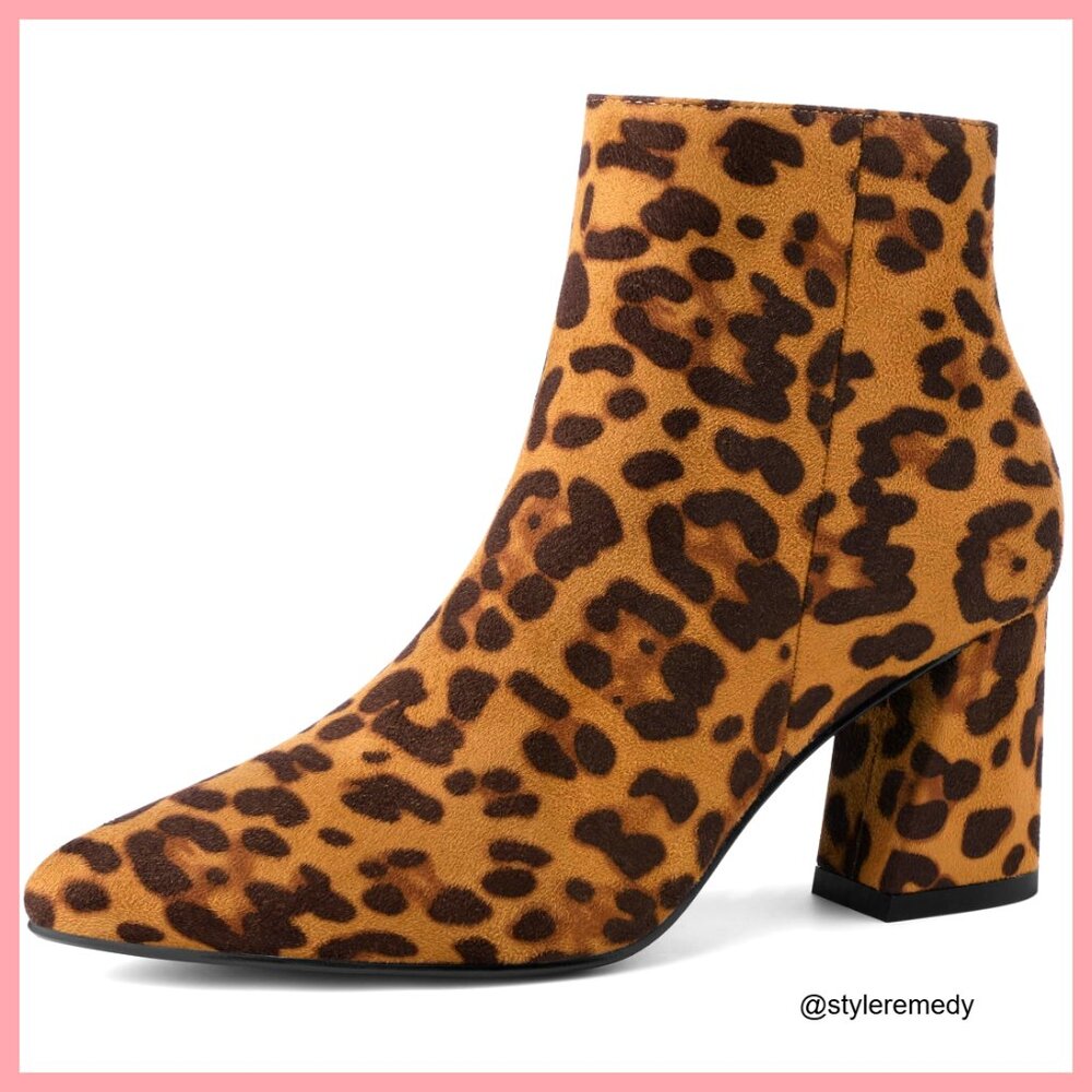 Pointy Toe Side Zip Chunky Heel Ankle Boots Faux Suede